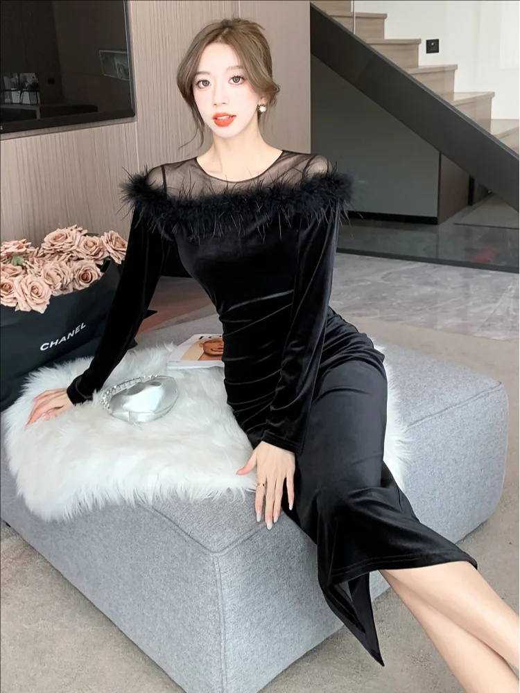 Luxury Feather Velvet Dress for Women Splicing Velour Long Sleeved Sheath Black Dresses 2024 Autumn Winter Bodycon Sexy Dress