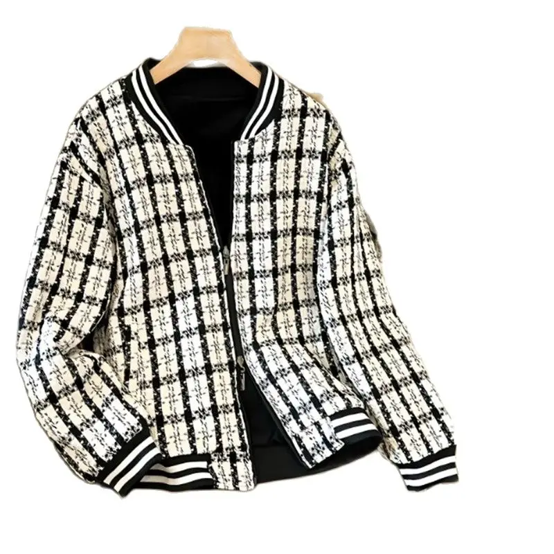 

Spring Autumn Reversible Jacket Women 2023 New Loose Round Collar Coat Thicken Check Outerwear Fashion Zipper Overcoat Female