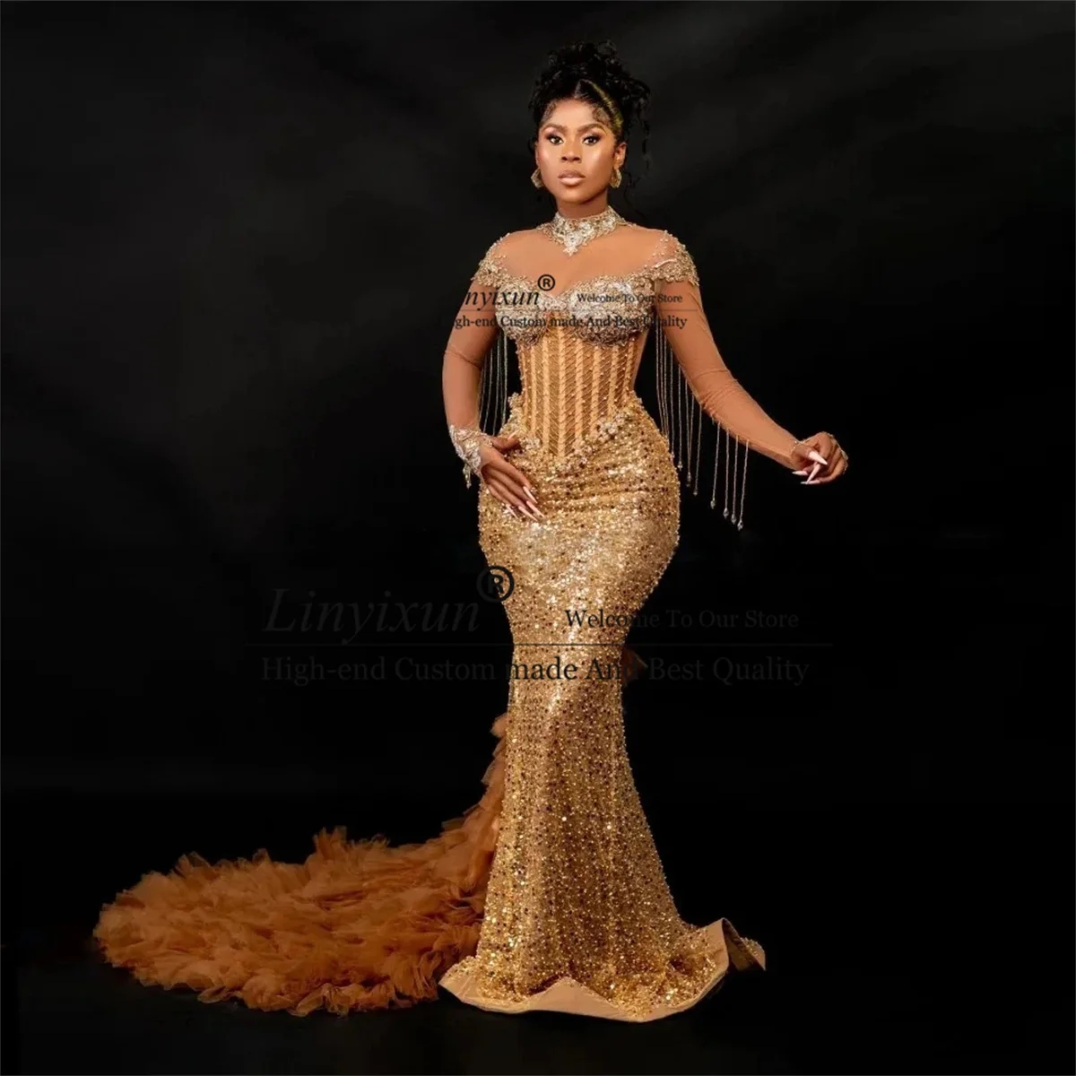 Customized Beaded African Prom Dresses Sheer Neck Long Sleeve Lace Tassels Mermaid Evening Gowns With Tulle Train Party Dress