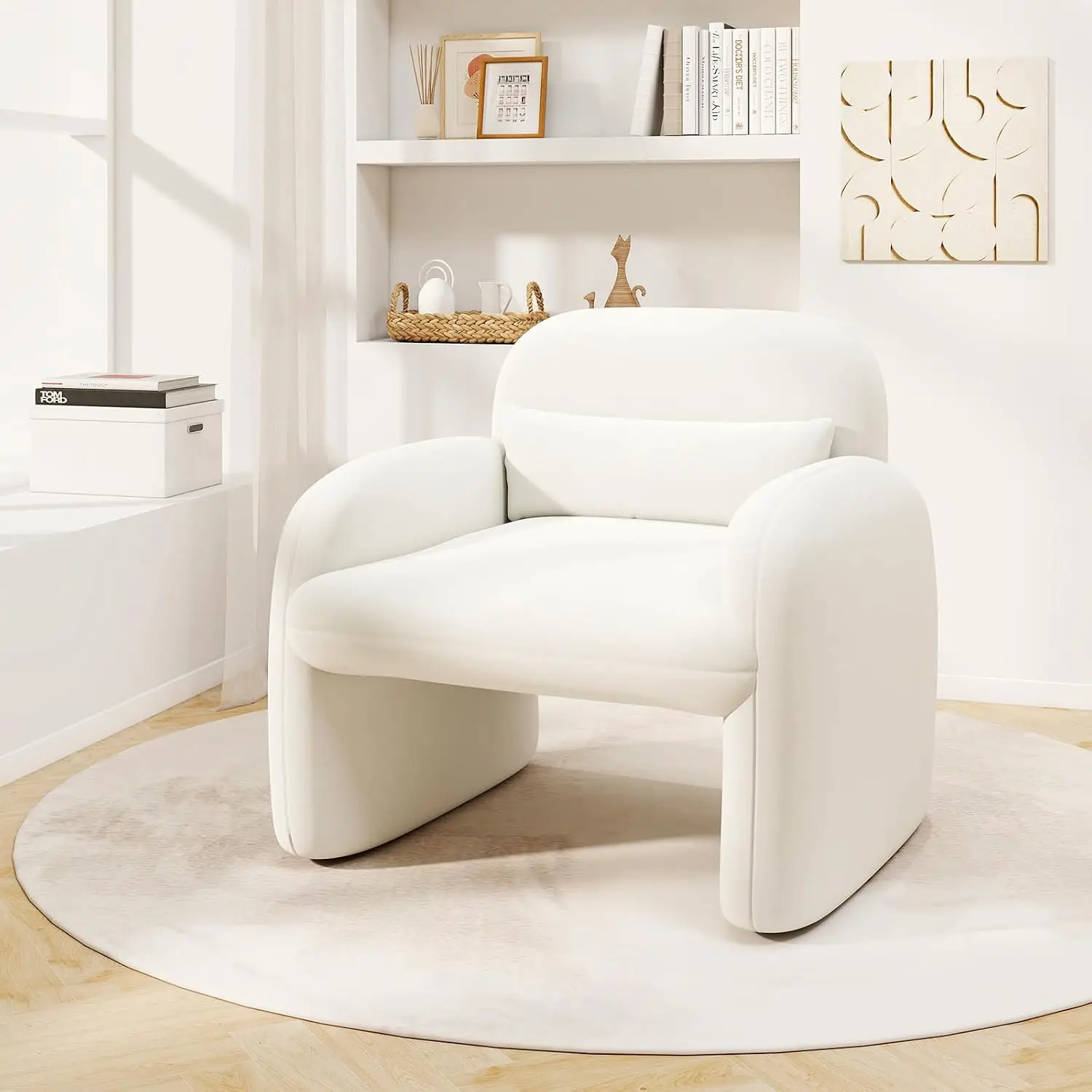 White Sherpa Upholstered Accent Armchair with Waist Pillow, Contemporary Reading Chair for Living Room, Bedroom, and Office