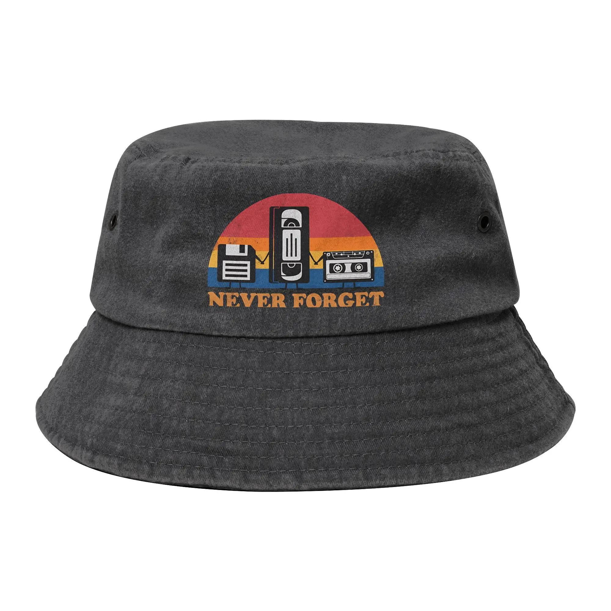 Chapéu Bucket Unissex Estilo Retrô com Estampa de Disco Flexível e Fita Cassete VHS, Efeito Desgastado e Lavado, para Atividades ao Ar Livre, Pesca e Verão