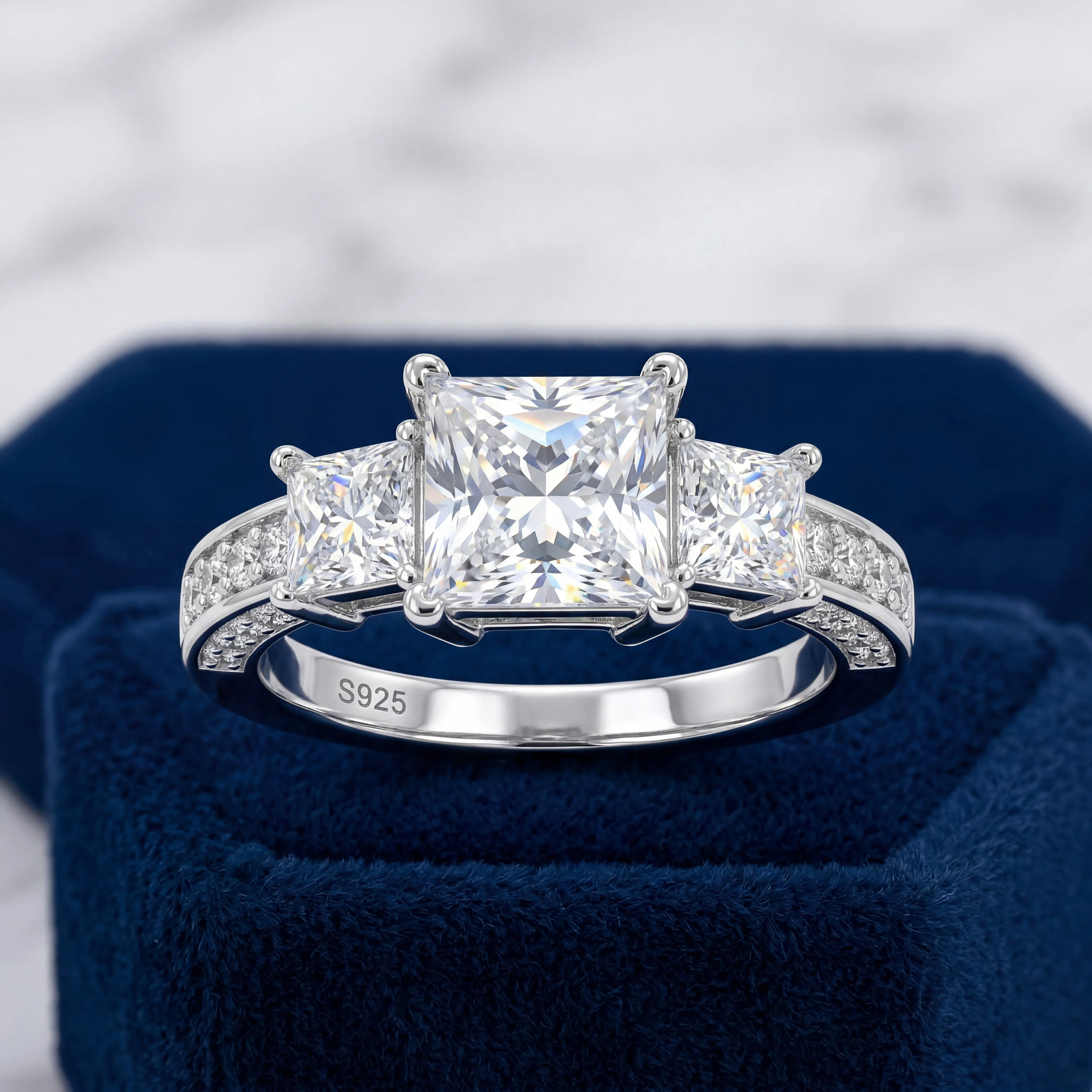 Princess Cut Three Stone Moissanite Ring, S925 Silver, D Color VVS1, 3ct, Hip Hop, Unisex, Passes Diamond Tester