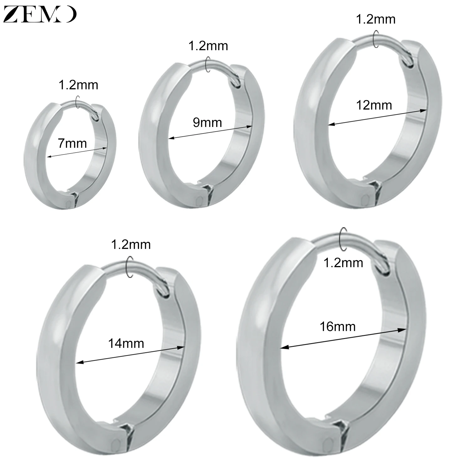ZEMO 1 Pair 16G Stainless Steel Hoop Earrings For Men Women Basic Round Earring 7/9/12/14/16MM Helix Tragus Cartilage Piercing