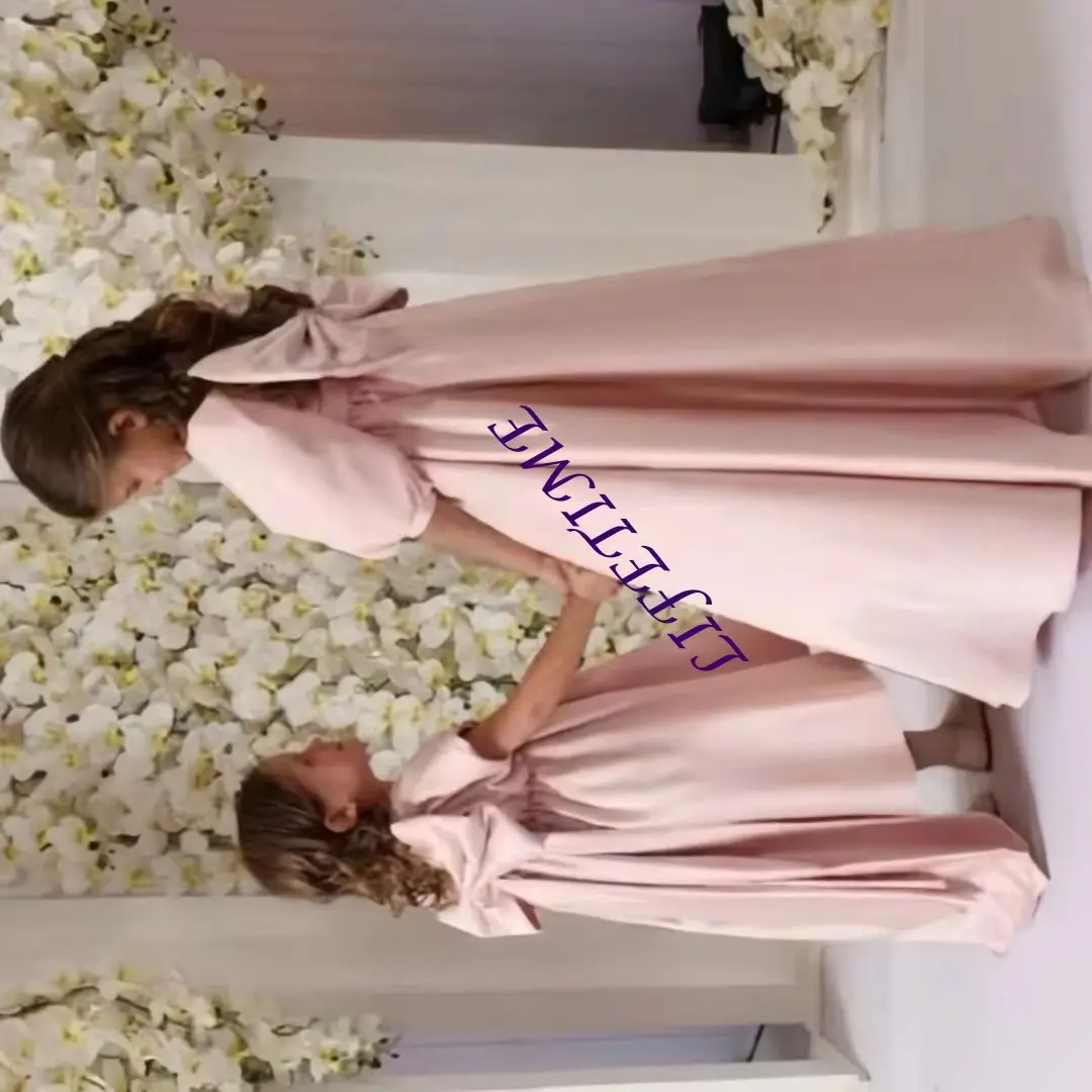 

Розовое платье для девочки с пышными рукавами и бантом для свадебных церемоний, вечерних мероприятий, торжественных приемов, на заказ