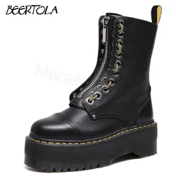 Women's Front Zipper Thick-Soled Two-Wear Boots with Pebbled Round Toe Mid-Calf Boots Casual Personality and Large Size Boots