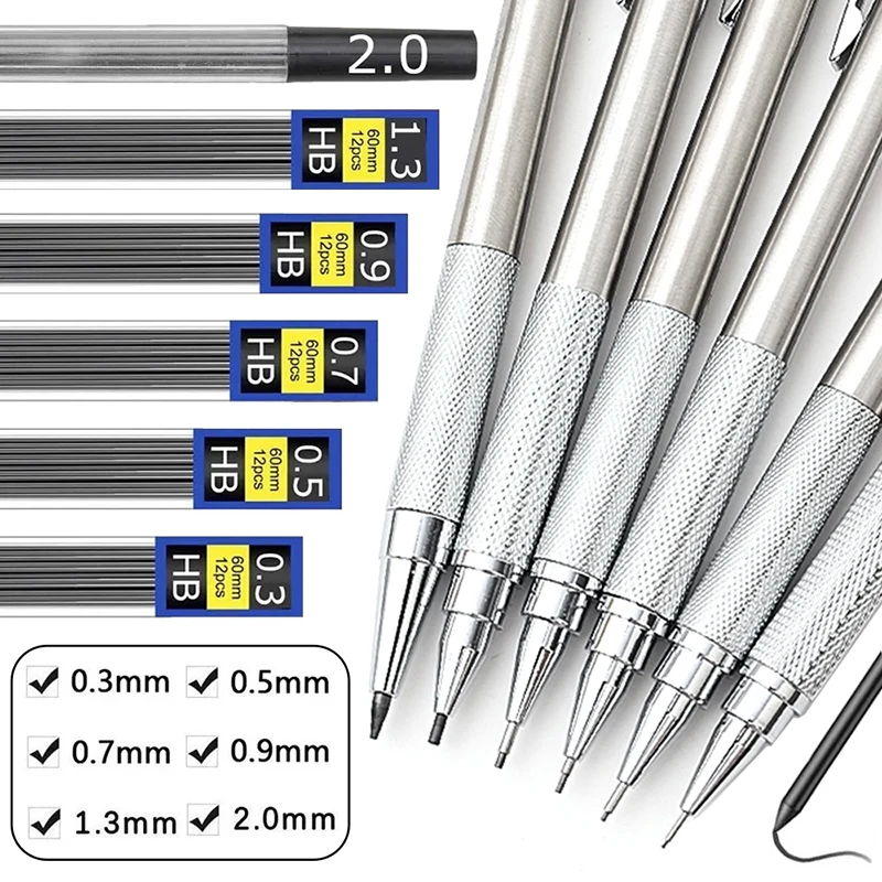 Metal Mechanical Pencil 0.3 0.5 0.7 0.9 1.3 2.0mm Drawing Automatic HB Pencil Set with Leads Office School Writing Art Supplies