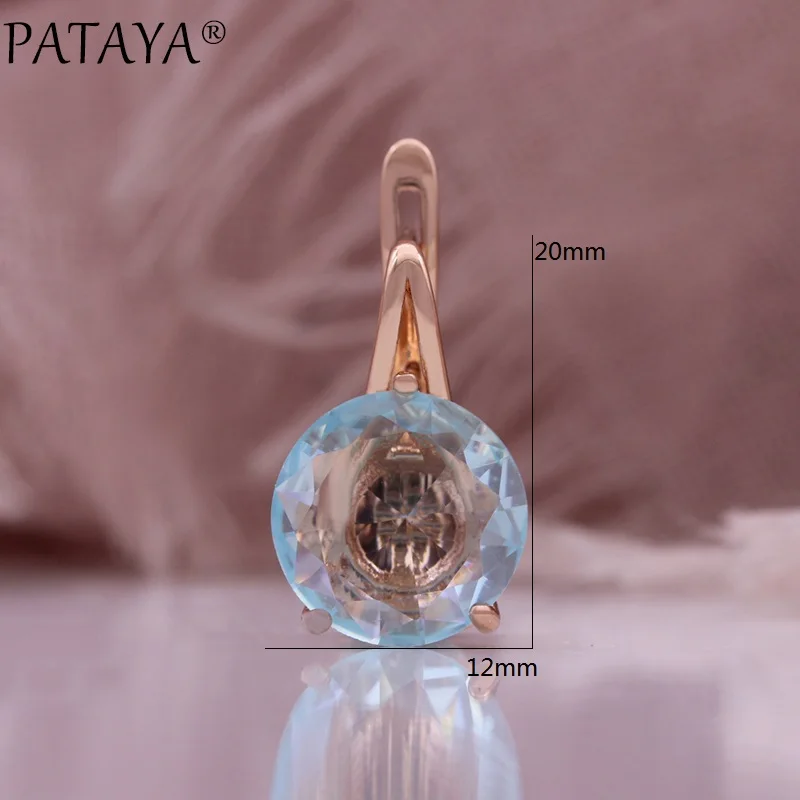 PATAYA Light Blue Round Zirconia Fine Earrings 585 Rose Gold Color Simple Jewelry Women For Earrings Daily Versatile