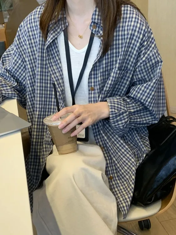 

Retro Blue Plaid Women's Shirt Spring New Korean Style Loose Inner Wear Elegant Single Button Checkered Top Korean Style
