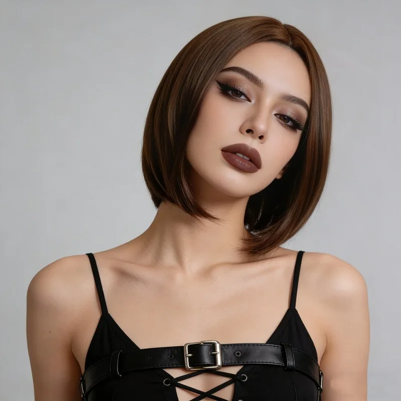 Brown Medium-Parted Short Straight Hair Women'S Wig Outdoor Fashion Travel Simulation Head-Mounted Synthetic Wig Headgear