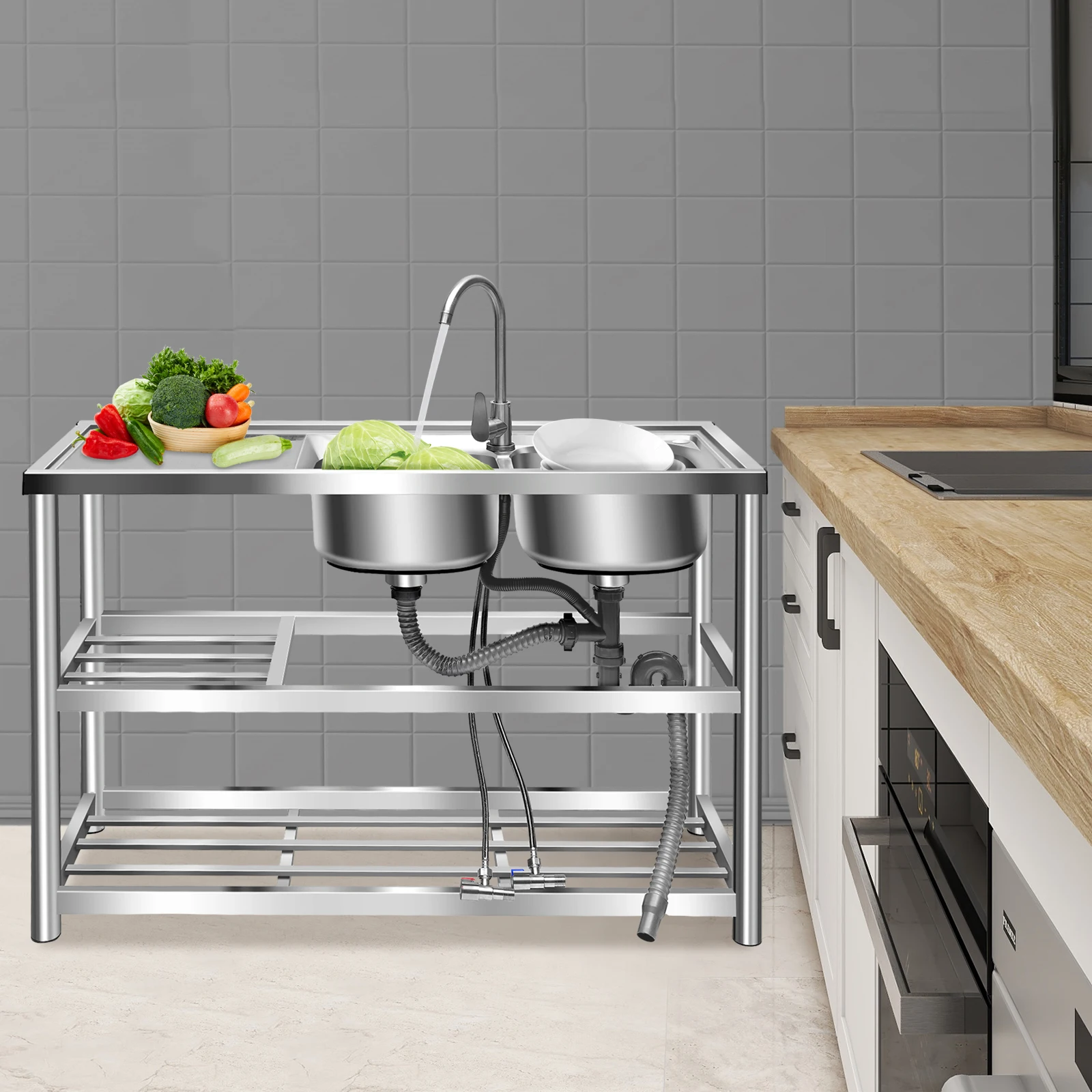 Stainless Steel Commercial Sink Kitchen Utility Sink 2 Compartment + Prep Table