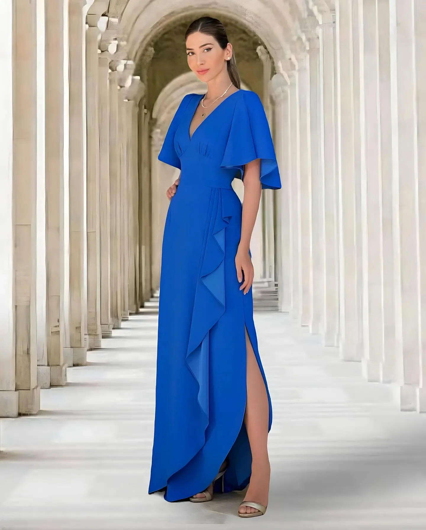 

Elegant Royal Blue Mother of The Bride Dresses V Neck Short Sleeves Wedding Guest Dress Floor Length Evening Gowns 2024