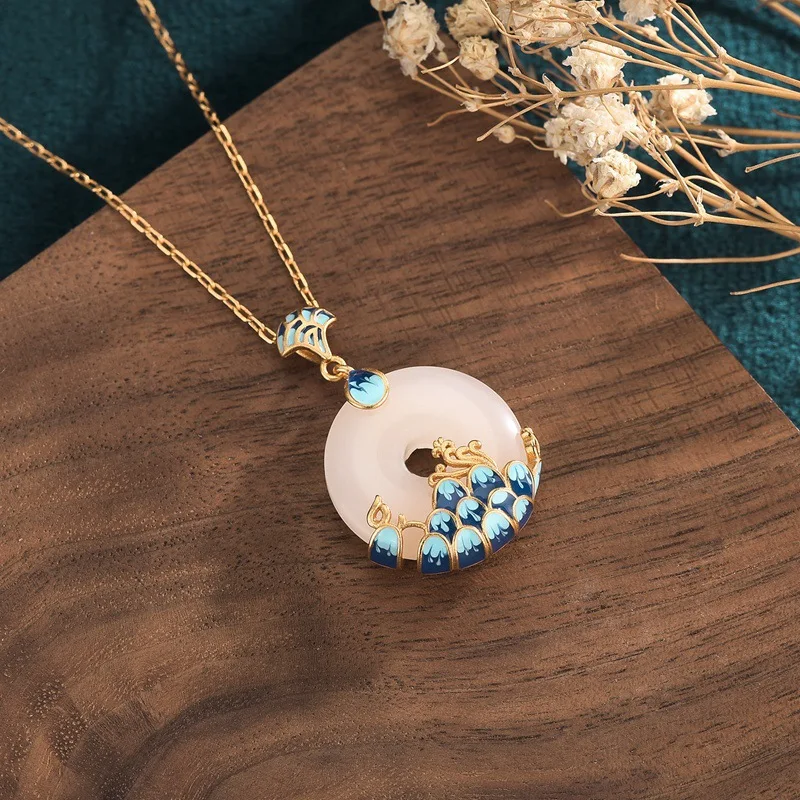 

Mountain & Sea Peace Buckle Design Pendant Necklace For Women Girls Traditional Oriental Style Gold-Plated Artificial White Jade