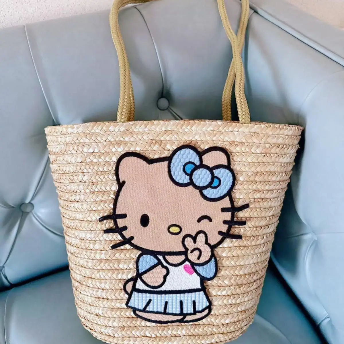 

Hello Kitty Straw Beach Bag Large Woven Tote with Shoulder Strap Summer Vacation Essentials Kawaii Cartoon Pattern Storage Bag