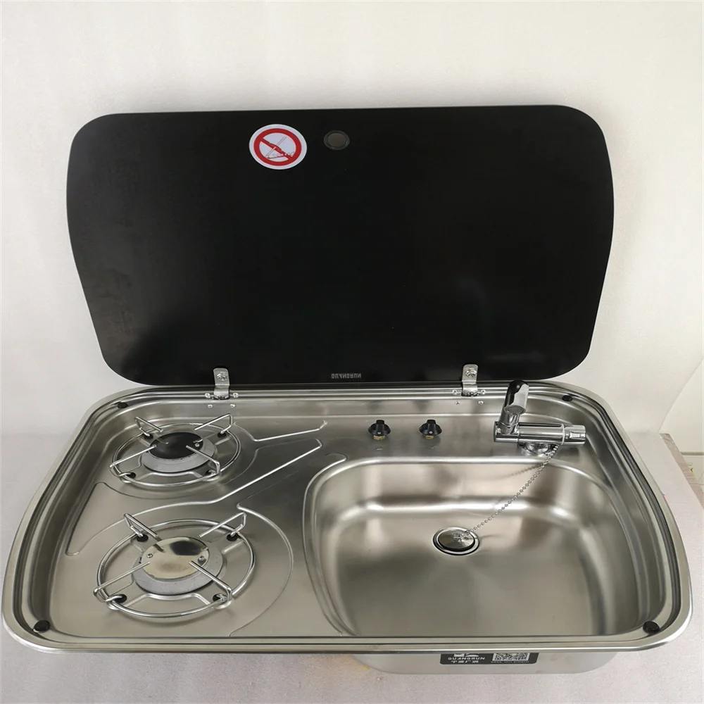 2 Burner Gas Stove Sink Combo Glass Lid 2*1.35KW 600*445*145mm Boat RV GR-588  boating accessories