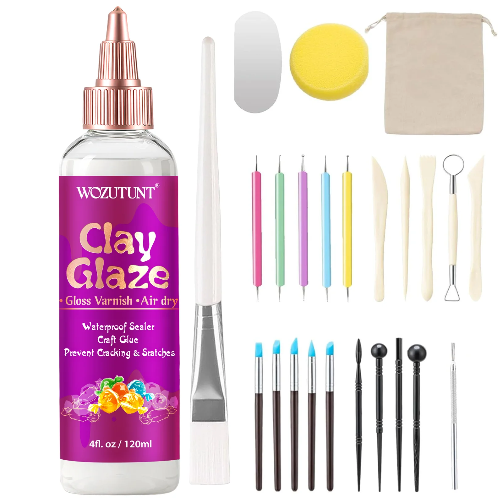 Air Dry Clay Gloss 4 FL oz Kit with 25 Sculpting Tools, Smooth Brush and Metal Scraper for Pottery Projects