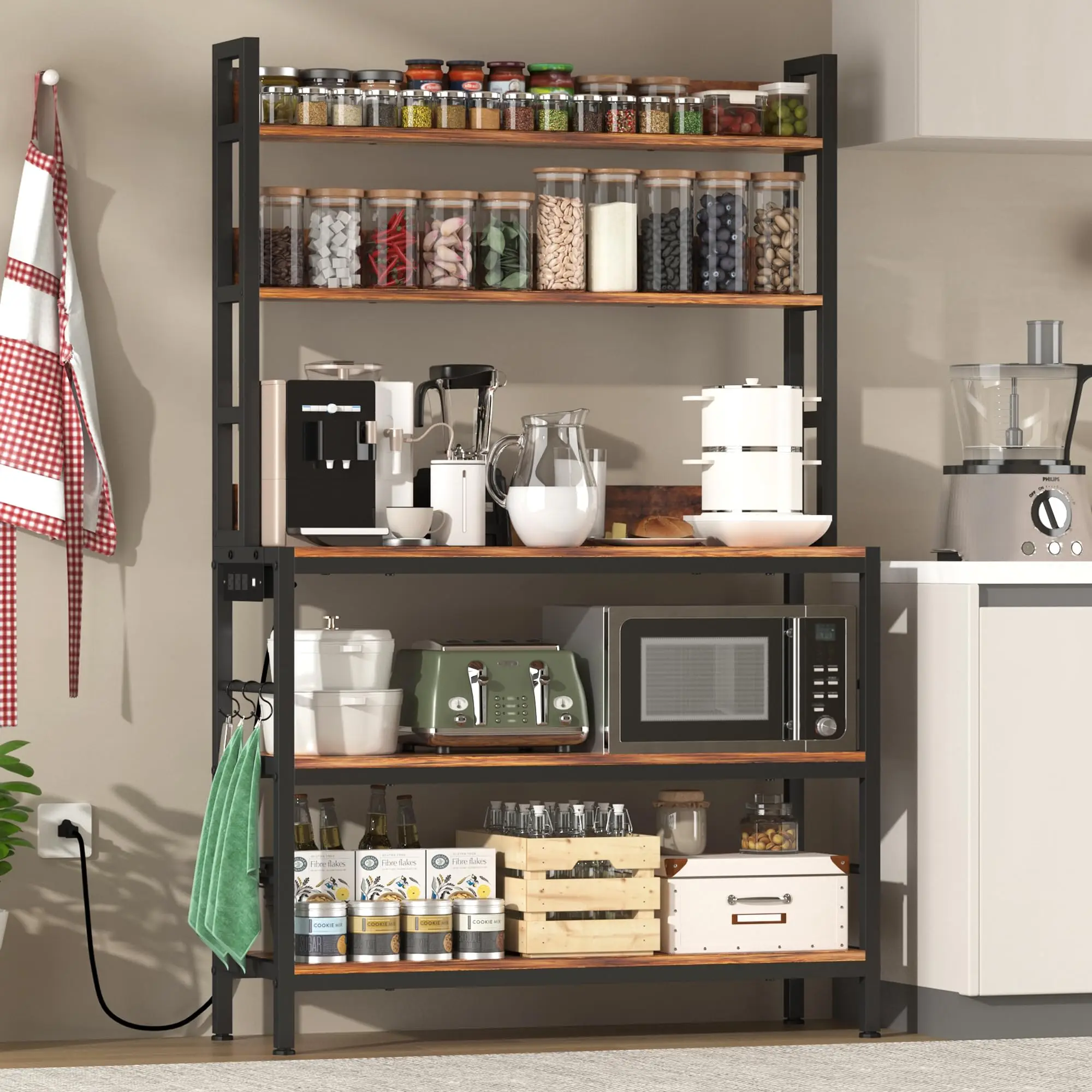 Kitchen Bakers Rack with Baskets,5-Tier Free Standing Storage Shelf Rack,Industrial Microwave Oven Stand,Metal Kitchen