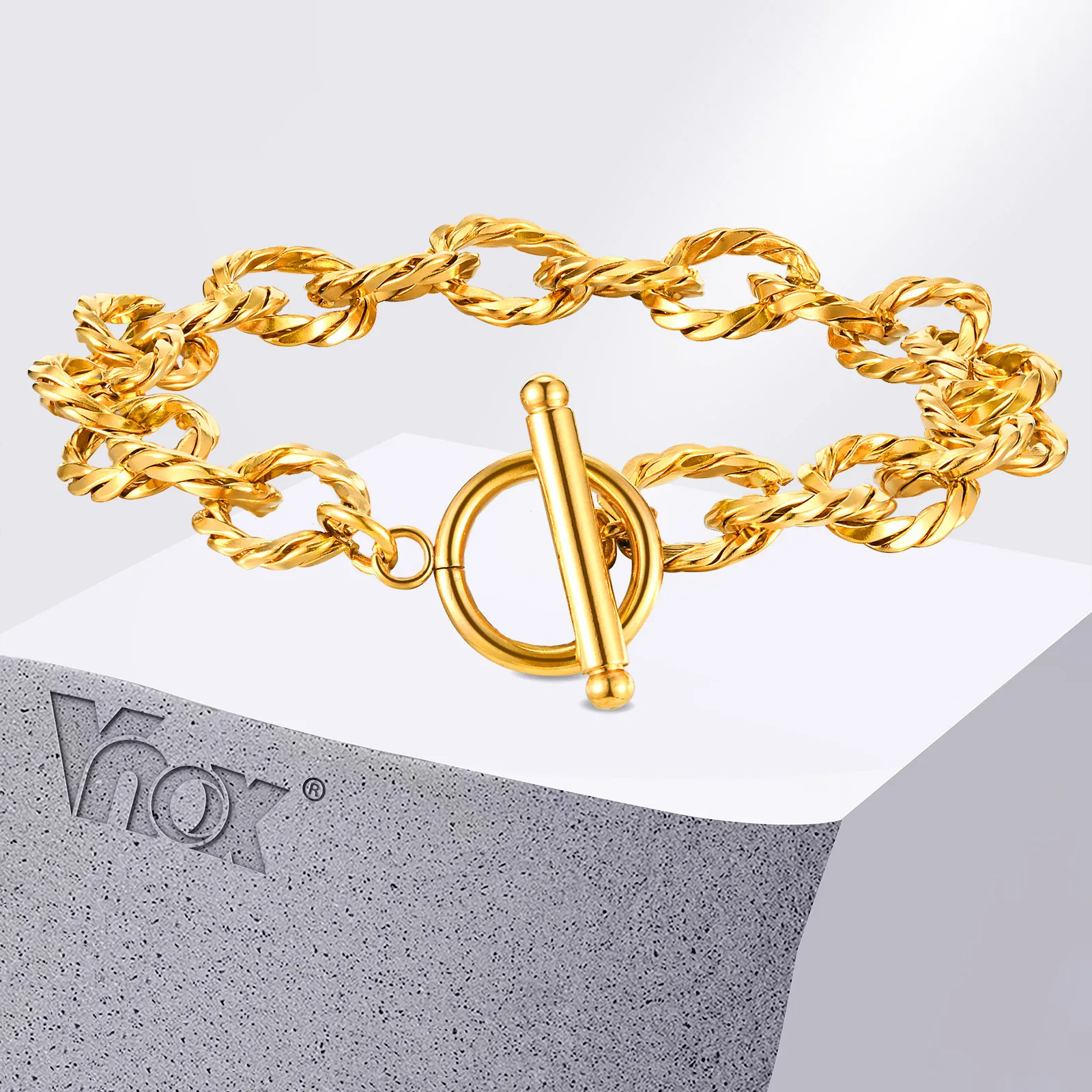 Vnox Personality Twisted Stainless Steel Rolo Link Chain Bracelets, Gold Plated Toggle Clasp Minimalist Dainty Jewelry