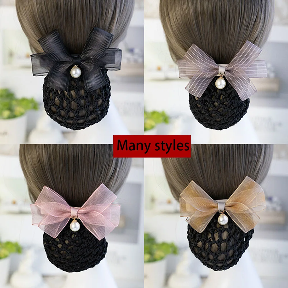 High Quality Women Hair Barrette Clip Net Yarn Bow Office Flight Attendant Accesories Ribbon Bun Cover Mesh Snood Headwear