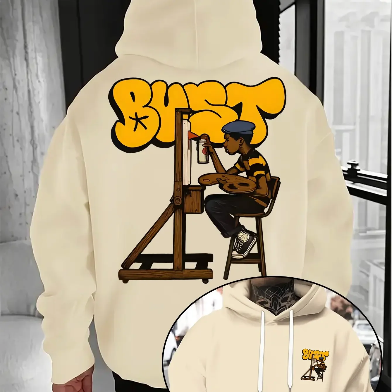Men Street‑art Painter Spray Paint Graffiti Dual‑Sided Print Hoodie Chest Small Logo Back Graphic Casual Pullover Sweatshirt