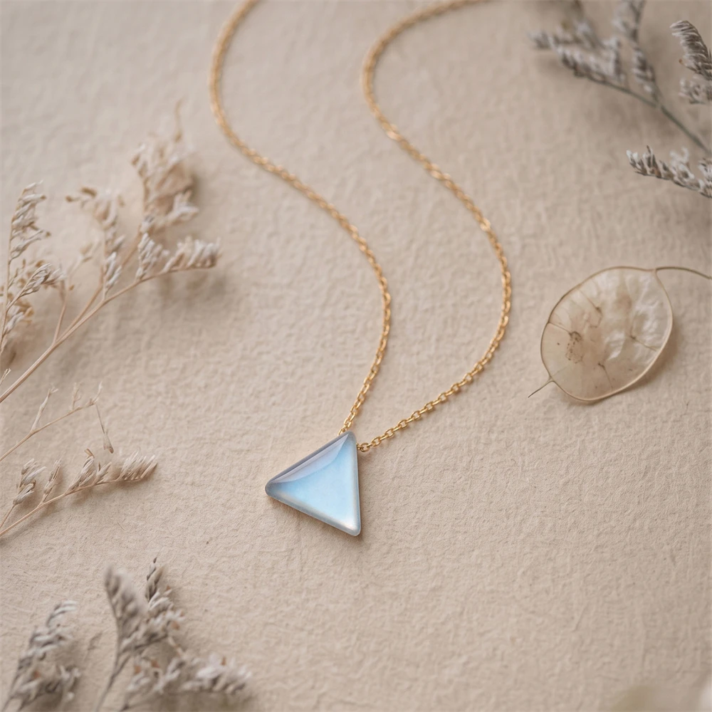 AIDE 925 Sterling Silver Genuine Moonstone Triangular Crystal Pendant Necklace Women's Minimalist Style Jewelry Anniversary Gift