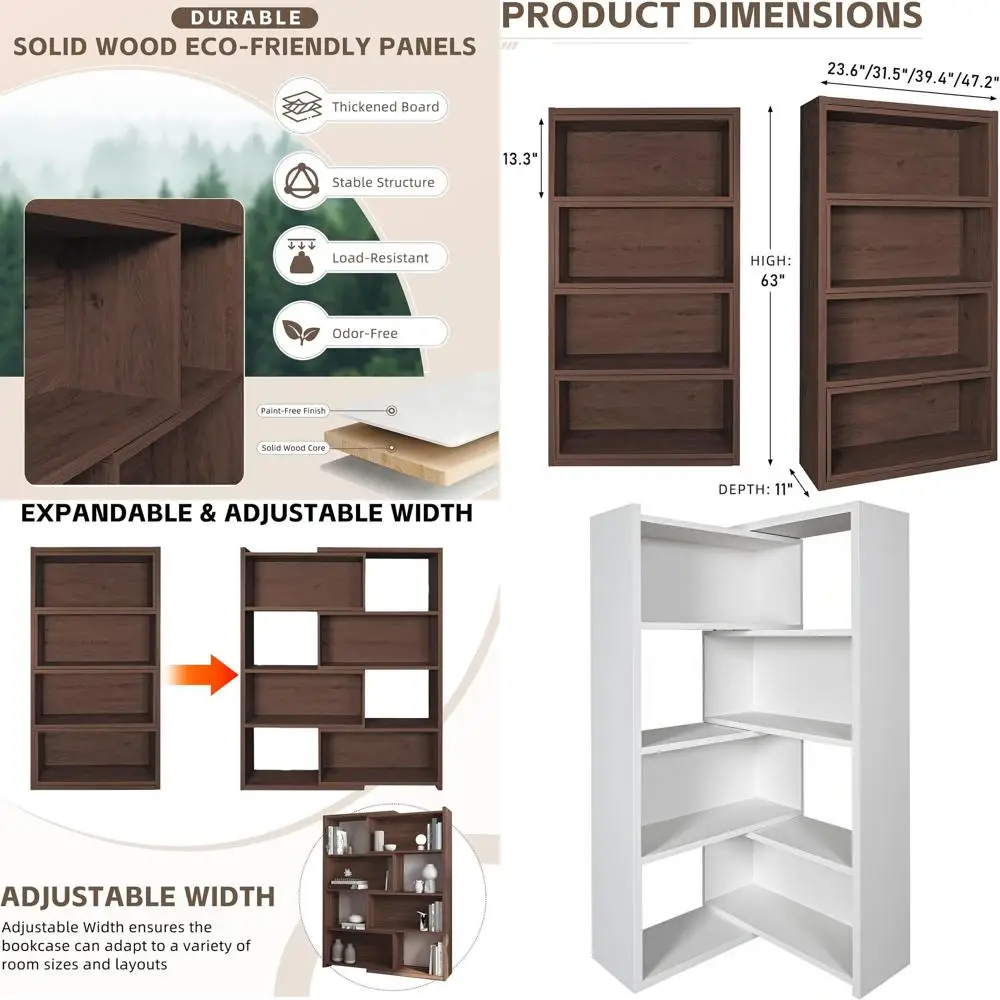 

Expandable 3-in-1 Convertible Bookcase with Adjustable Width, & Straight Shel Design, 4-Tier ern Storage Organizer, Space-Saving