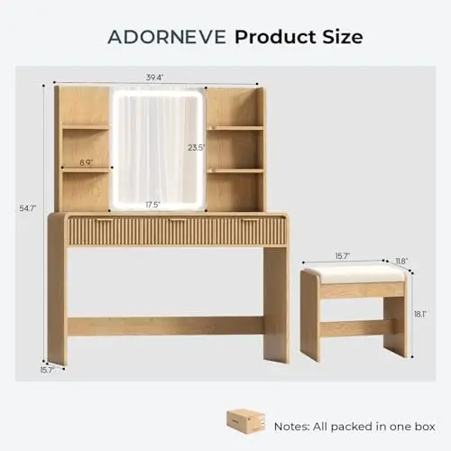 Fluted Vanity Desk with Mirror Light, Stool, Power Outlet Natural | Rounded Corner Design，3 Color Touch Control Light