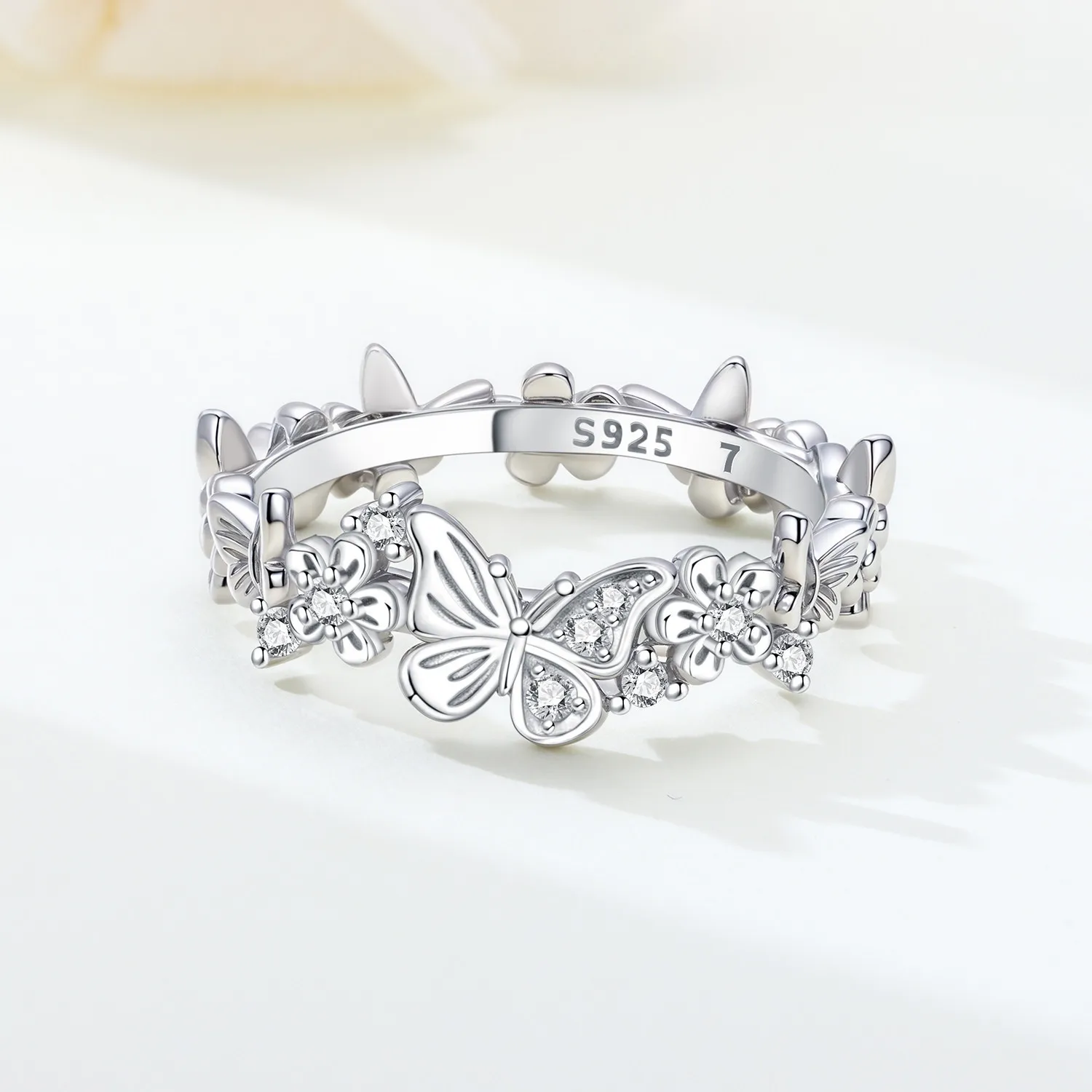 PANPOKI S925 Sterling Silver Flower Butterfly Insect Closed Ring For Women Finger Ring Personality Jewelry Party Trendy Gifts