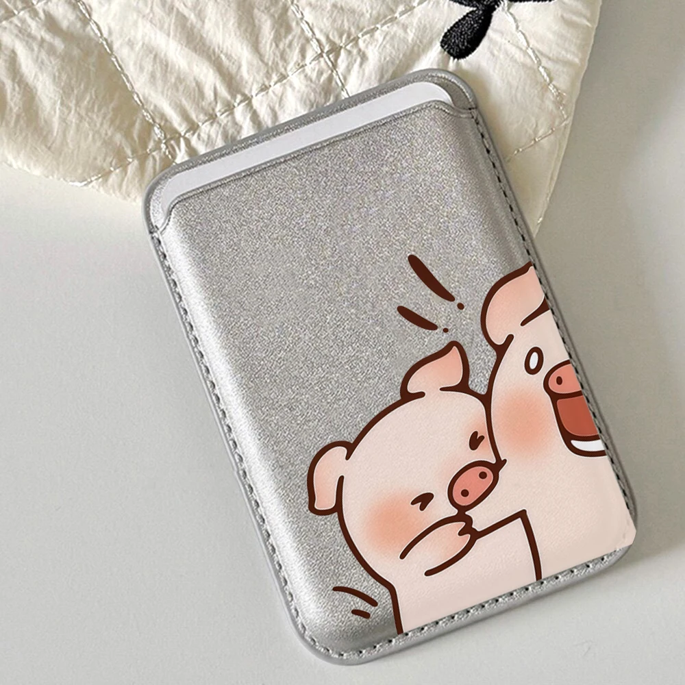 Leder-Kartenhalter mit Cartoon-Schweinchen-Motiv für Paare, Handy-Kartenhalter für Magnetische Hüllen, Geeignet für alle iPhone Magsafe Karten-Handy-Rückseiten-Taschen – Detail 1