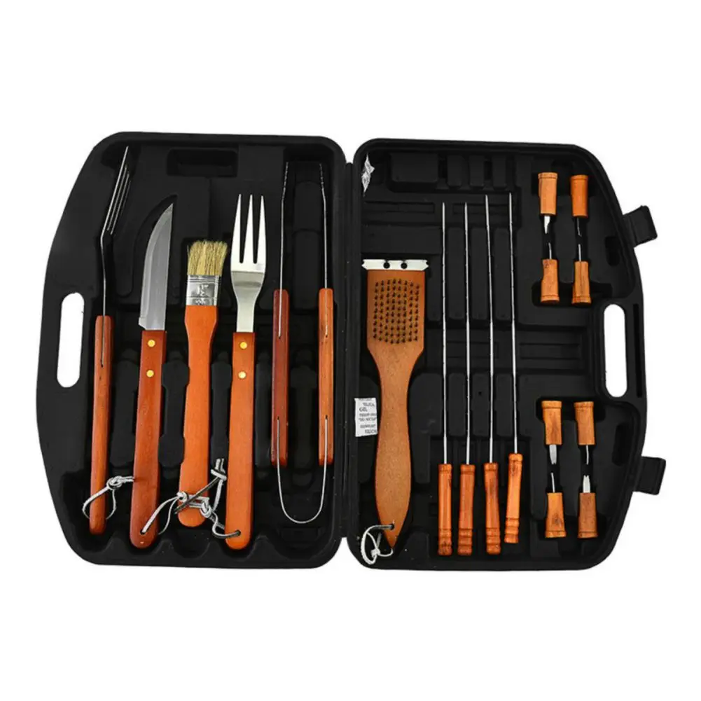 BBQ Tools Set Barbecue Grilling Utensil Accessories Outdoor Wooden Handle Barbecue Utensils Portable Cloth Bag Baking Tool