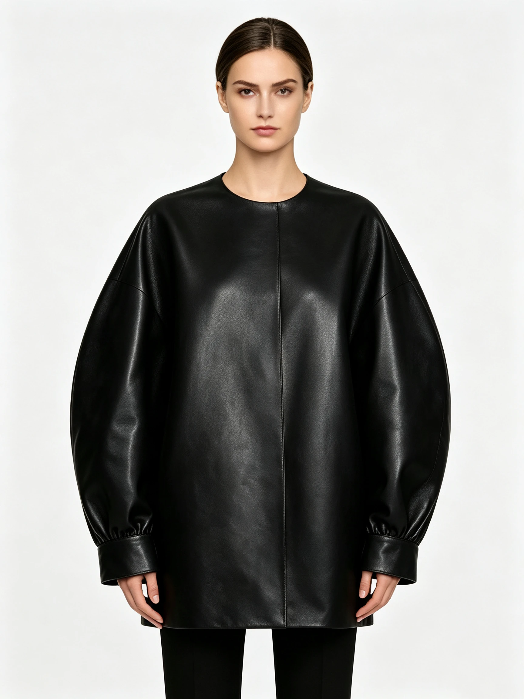 Women's Faux Leather Lantern Sleeve Jacket with Round Neck and Cuffed Sleeves