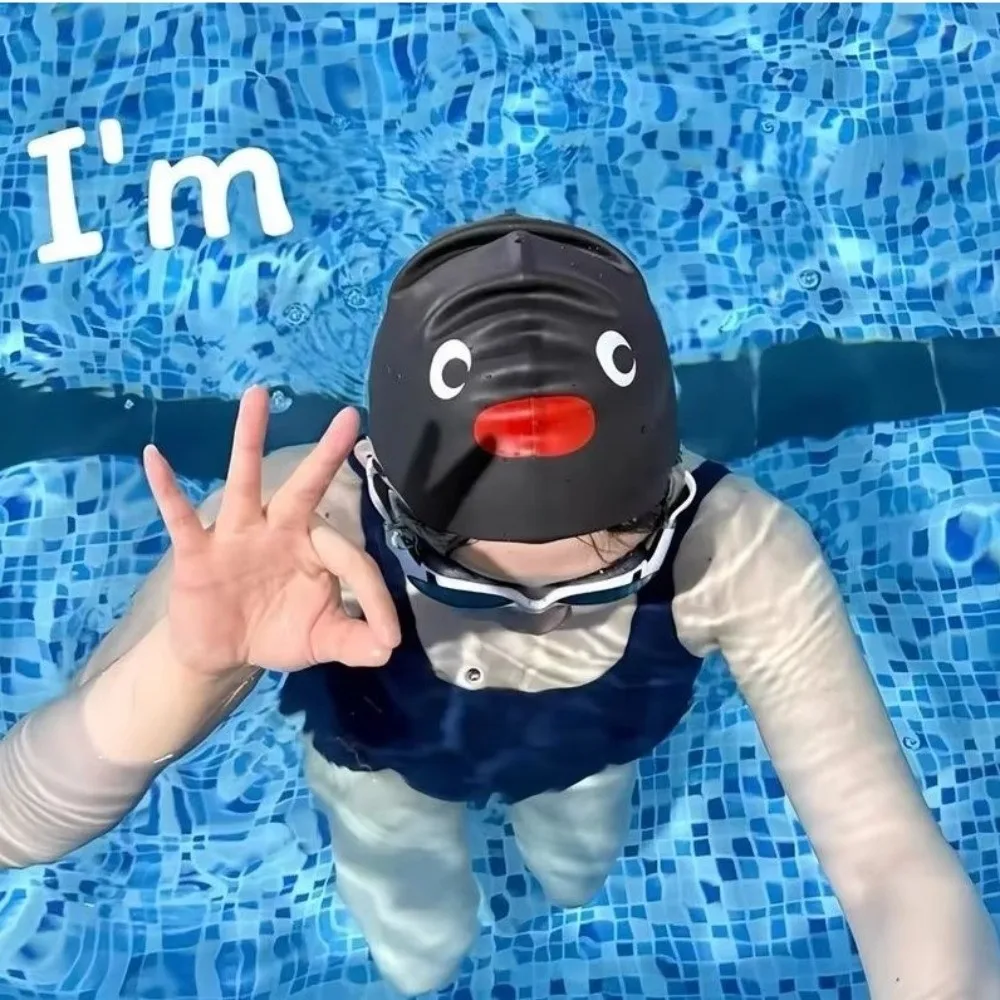 Cute Cartoon Elastic Penguin Swimming Cap Waterproof Comfortable Swimming Cap Enlarged No Pull Hair Silicone Swimming Cap Unisex