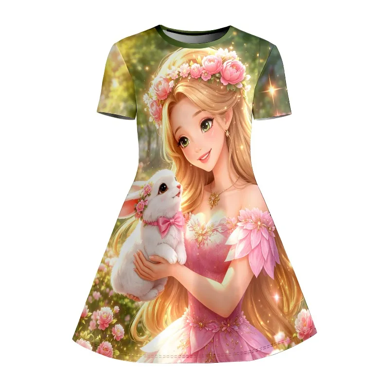 Girl's Long Haired Princess and Rabbit Print Pink and Green Short Sleeved T-shirt Dress Suitable for Birthday Parties or Gifts view 5