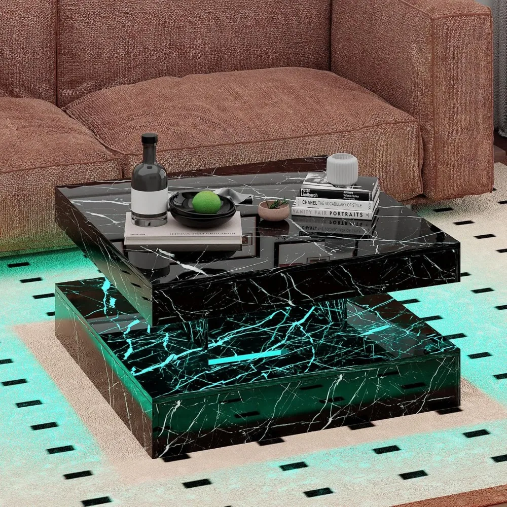 Black Marble Effect LED Coffee Table with 2 Layers of Storage Space, Modern Square Glossy Center Table, Wooden 20 Color Lighting