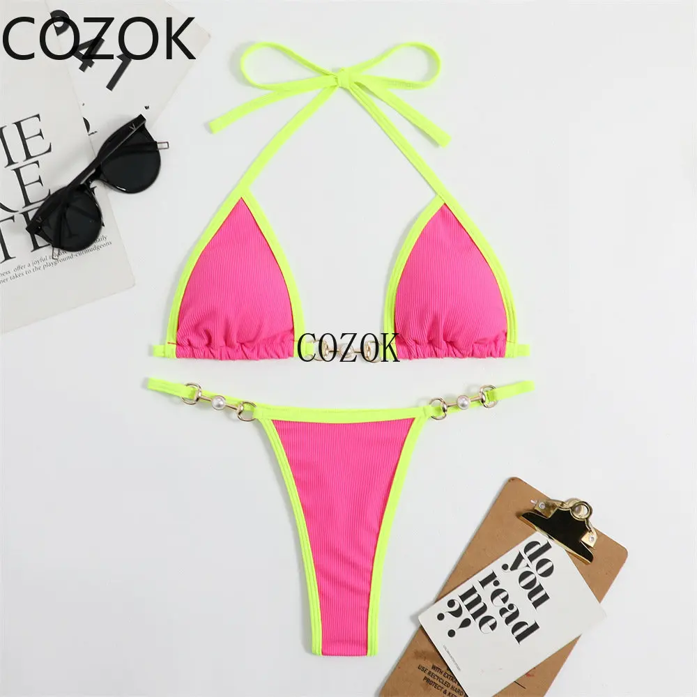 Metal Chain Bikini Set Women 2023 Swimwear Push Up Halter Tie-up Bra+Triangle Thong Two-Piece Bathing Suit Brazilian Biquinis