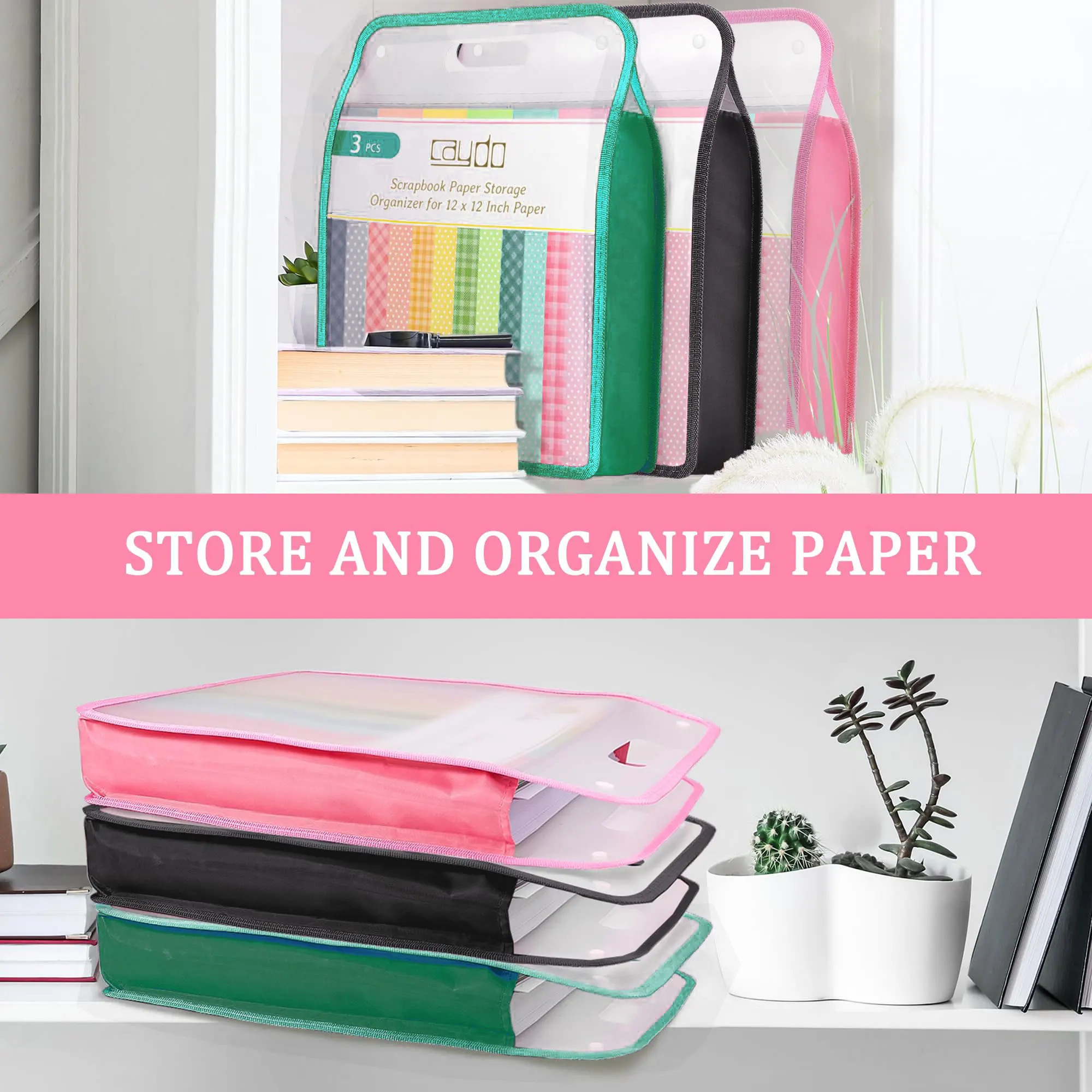 Organizador de armazenamento de papel para scrapbook 12x12, conjunto de 3 folios de papel expansível com alça transparente, perfeito para scrapbook