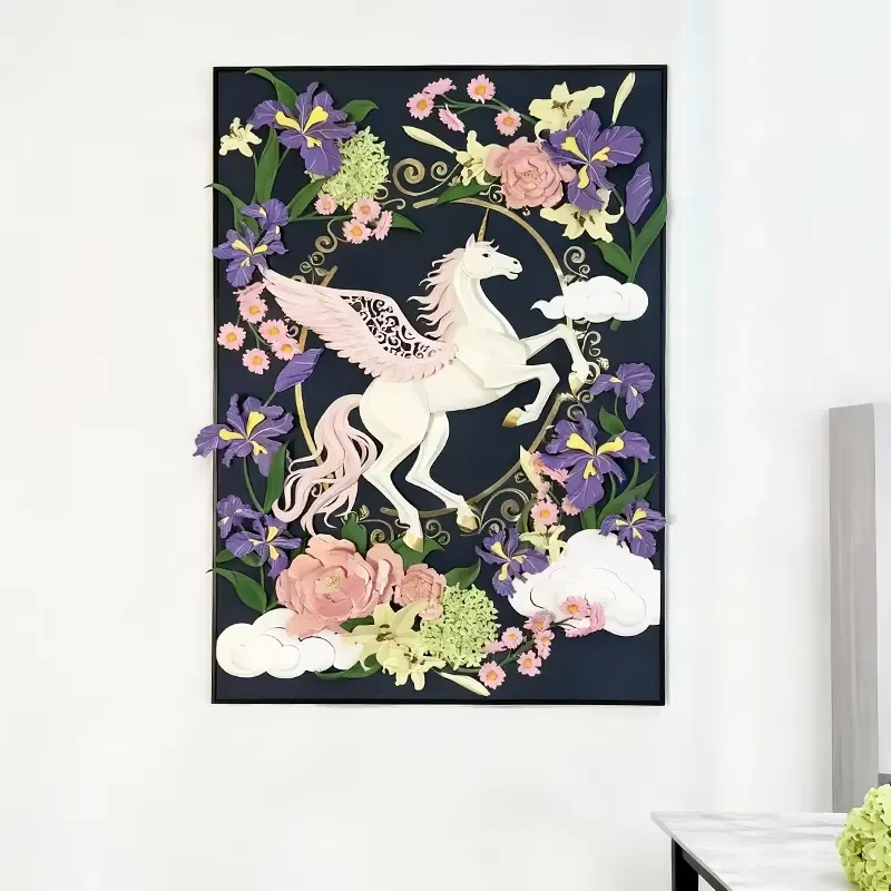 Art Deco 3D Artificial Paper Relief Wall Sculpture Year of the Horse Theme Wedding Birthday Home Hotel Lobby Wall Art