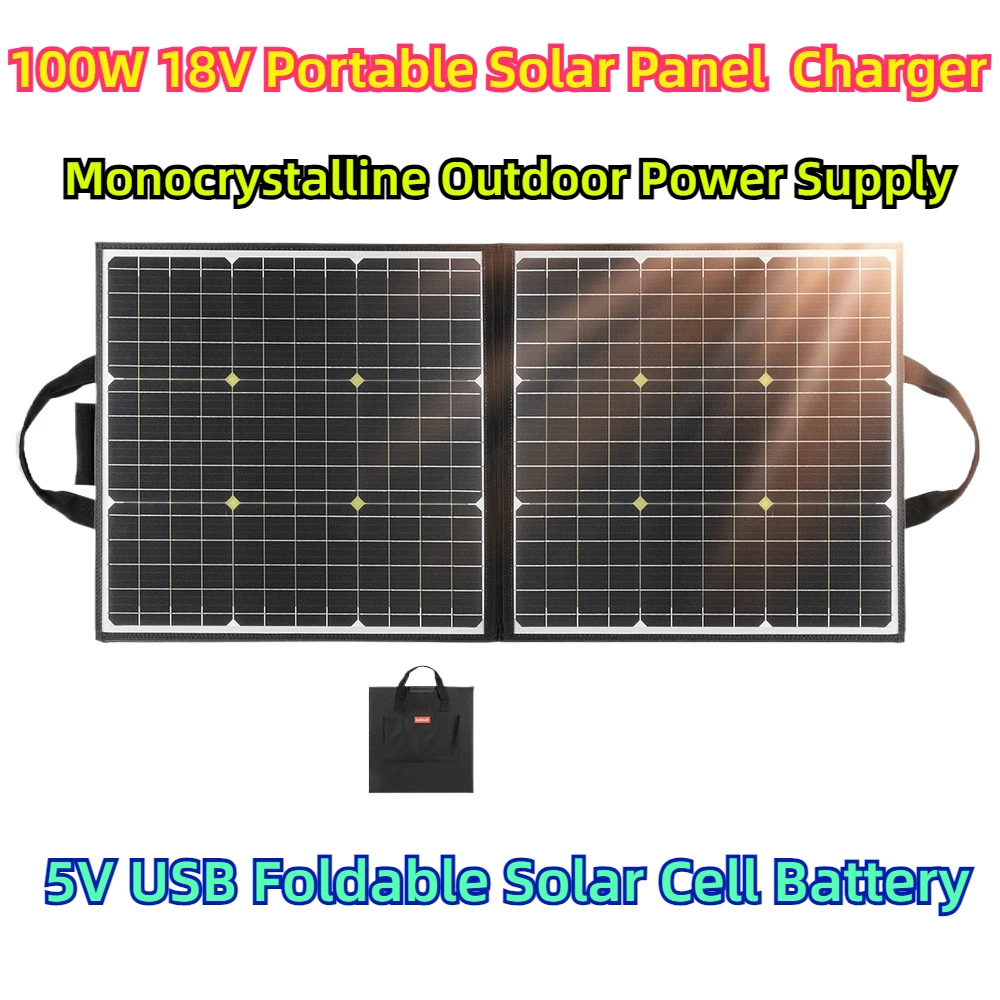 100W 18V Portable Solar Panel  Charger Monocrystalline Outdoor Power Supply RV 5V USB Foldable Solar Cell Battery