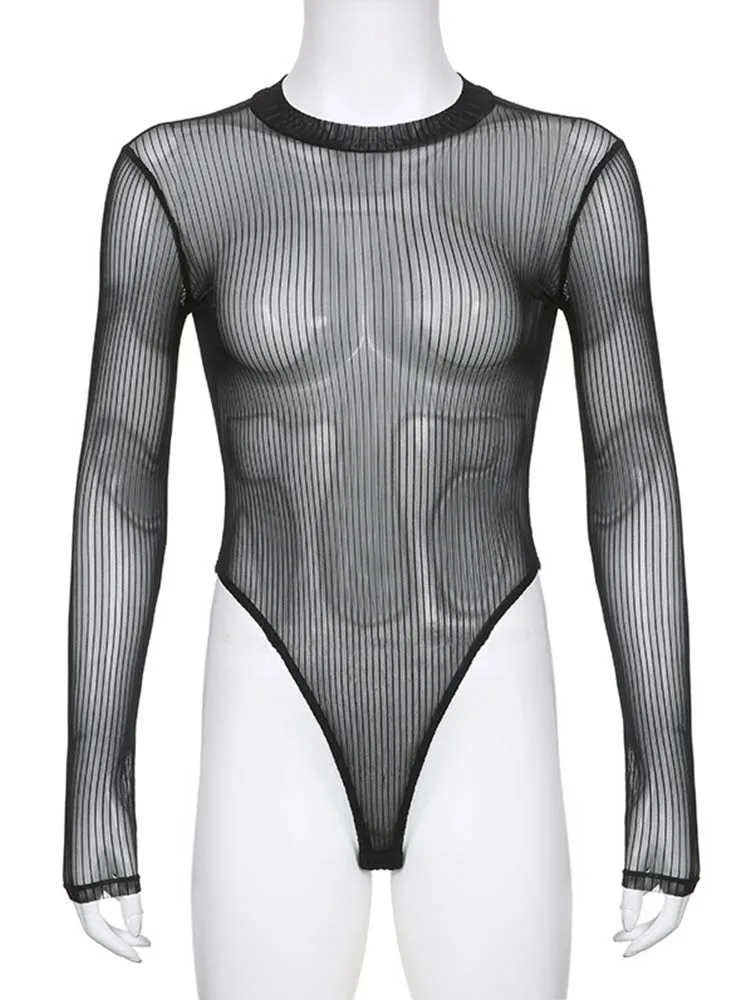 Autumn new sexy see through mesh long sleeved slim fit versatile heart machine hollowed out backless desig nbodysuit image 6
