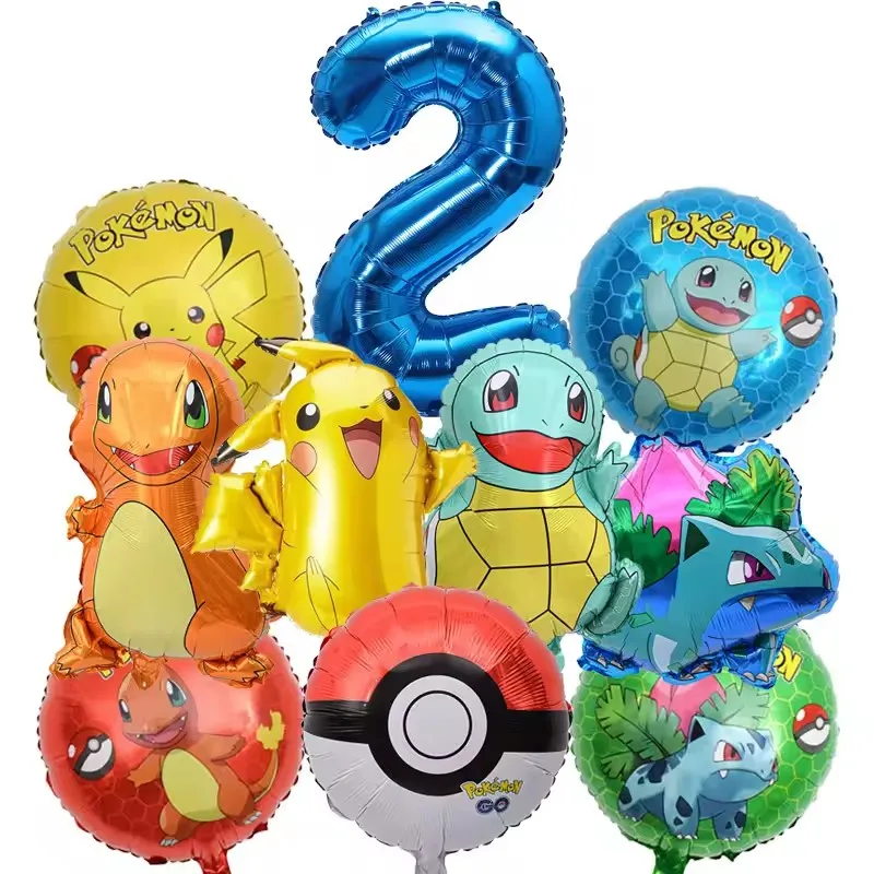10-teiliges Pokemon-Luftballons-Set, Pikachu-Pokemon-Ball-Luftballons, 32 Zoll, blauer Zahlenballon für Kinder, Dekoration für die 1.-9. Geburtstagsfeier