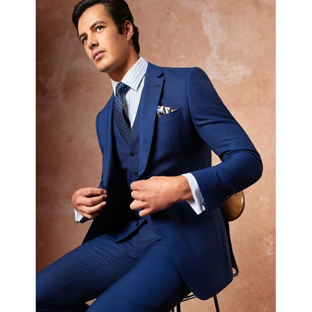

Blue 3 Piece Jacket Pants Vest Single Breasted Notch Lapel High Quality Prom Party Full Set Slim Fit Skinny Clothing Men's Suits