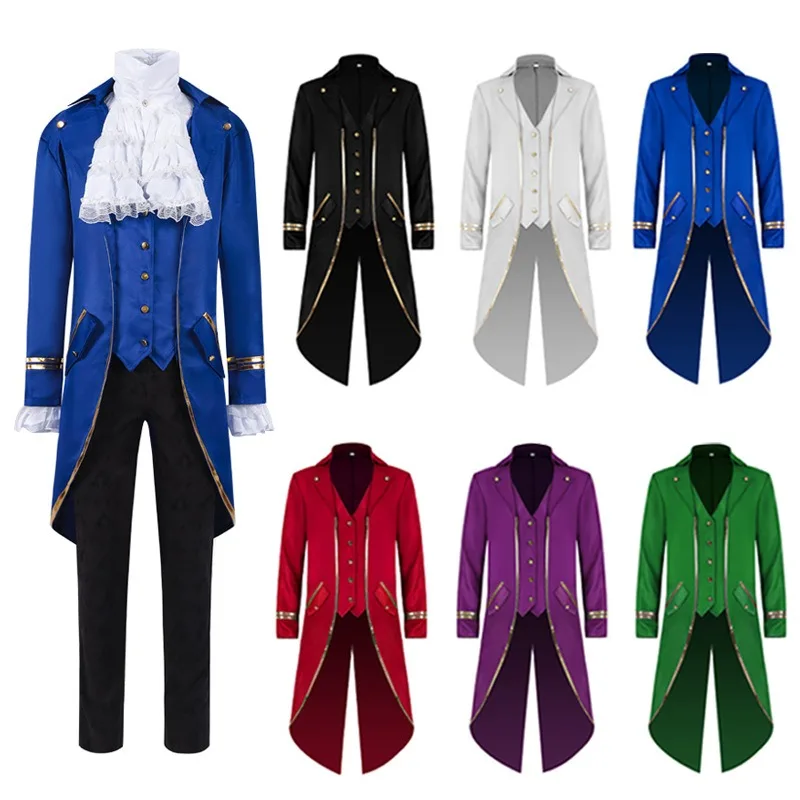 

2025 Halloween Performance Clothes European and American Medieval Costume Medium-length Gold-edged Tuxedo