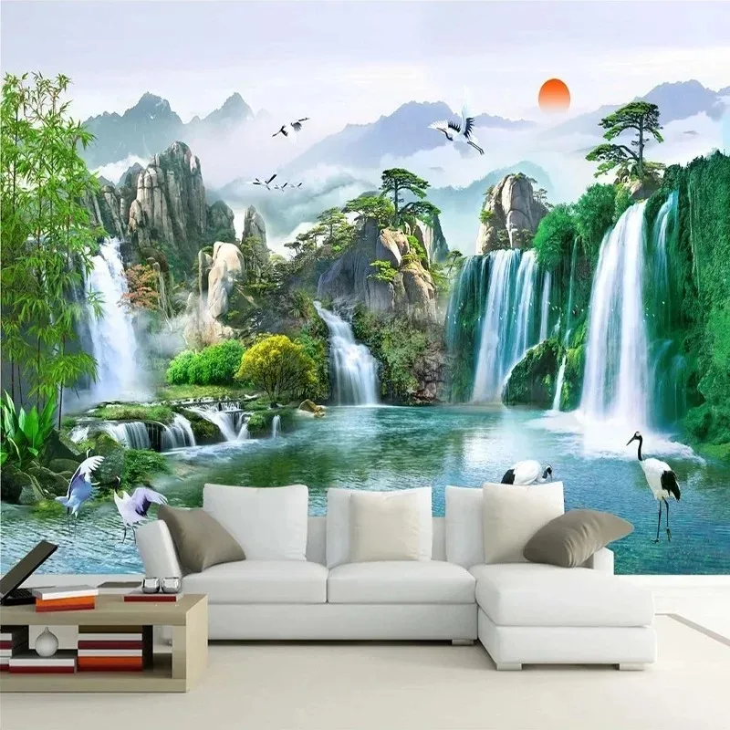 Chinese Style Landscape Wall Mural Waterfall Scenery Wall Art Classic Background Wallpaper for Living Room TV Wall Study Room