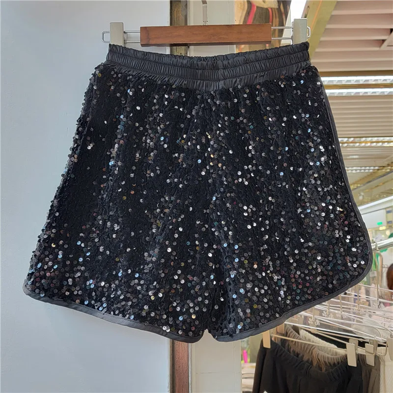 Summer Bling Shiny Sliver Sequined Wide Leg Shorts Women's 2022 New Fashion All-Match High Waist Outwears