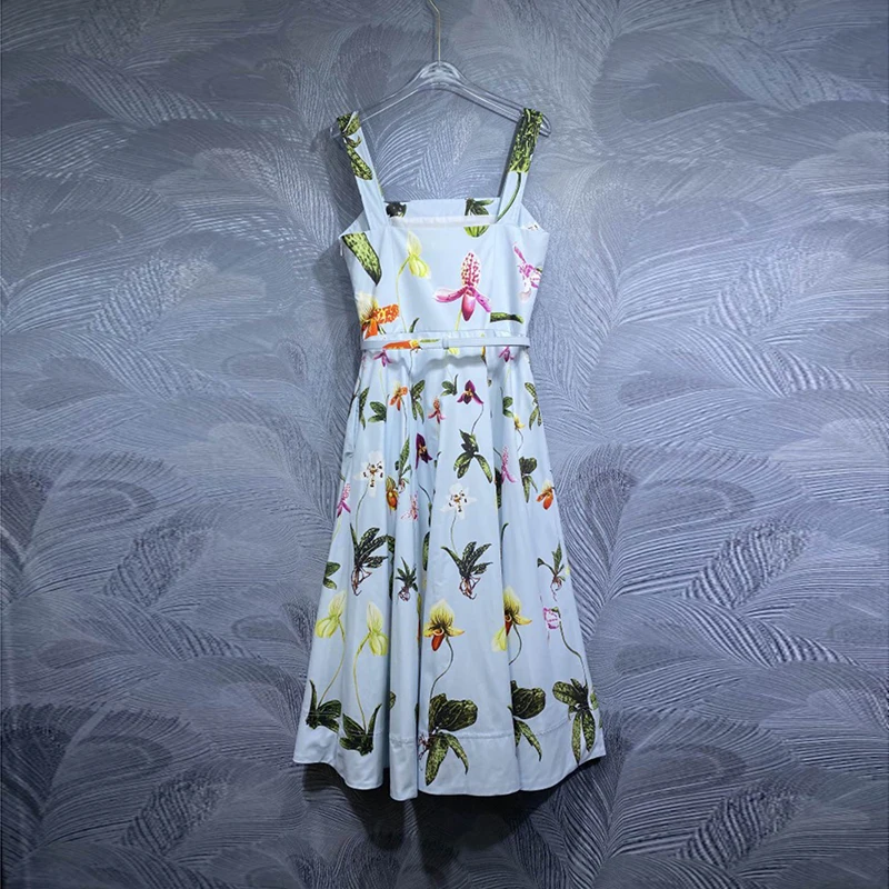 DLDENGHAN Cotton Backless Dress For Women Spaghetti Strap Sleeveless Sashes Floral Print Beach Style Dresses Fashion Runway New