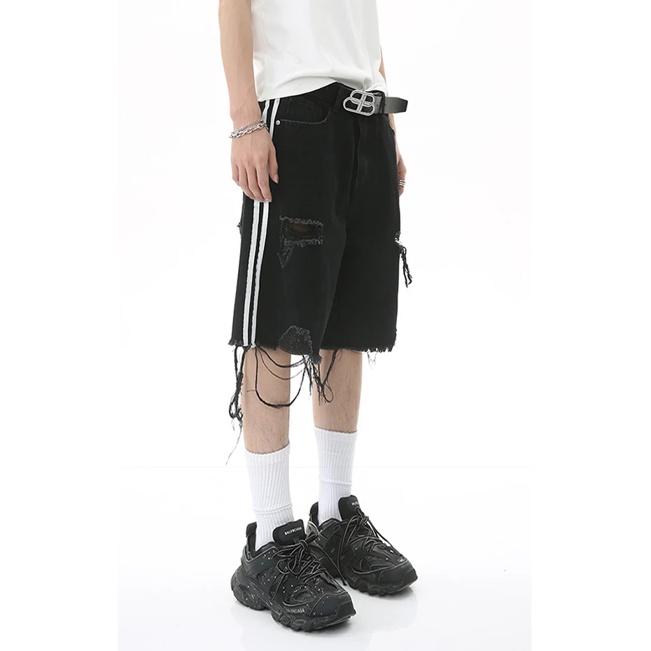 Side Striped Ripped Denim Shorts Fashion Distressed Tassel Black Jeans Shorts Men Summer Streetwear Harajuku Hip Hop Y2K Shorts