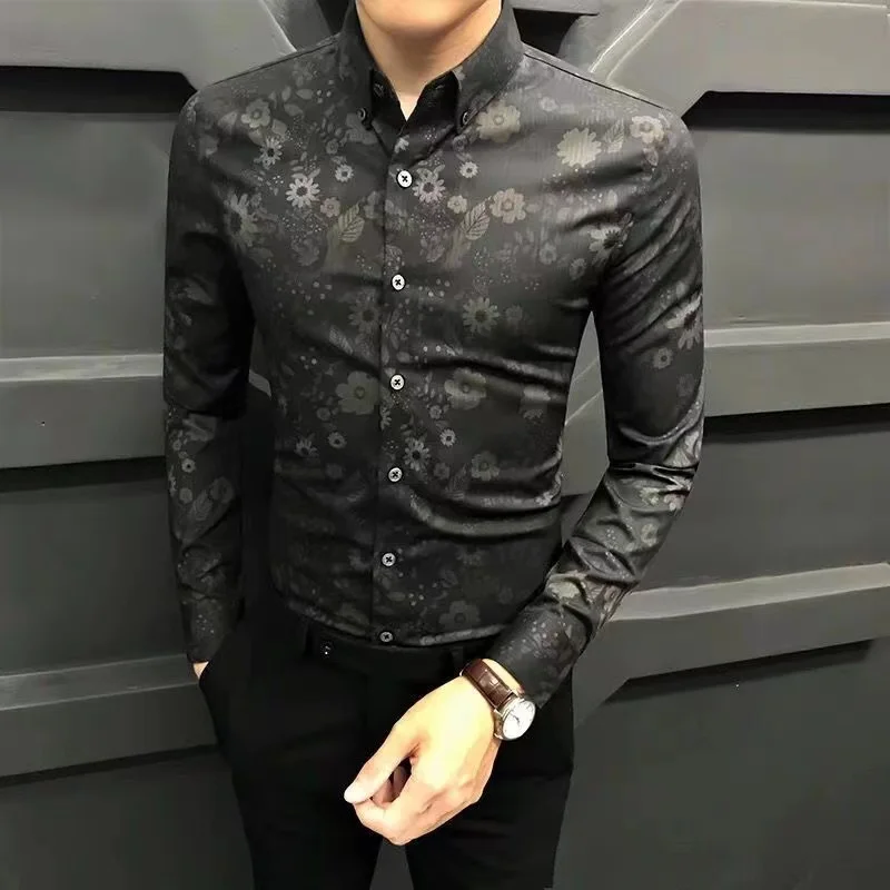 Spring 2023 Men's Long Sleeve Printed Shirt Slim Fit Korean Fashion No Ironing Casual Handsome Standard Edition Thin Fabric