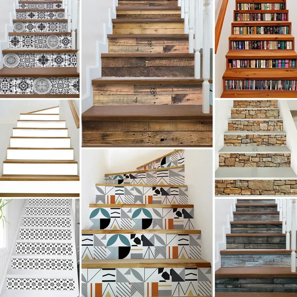 6/13pcs Wood Grain Art Stairs Cover Stickers Peel & Stick Vinyl White Staircase Mural Stair Riser Floor Sticker Wall Decal Home