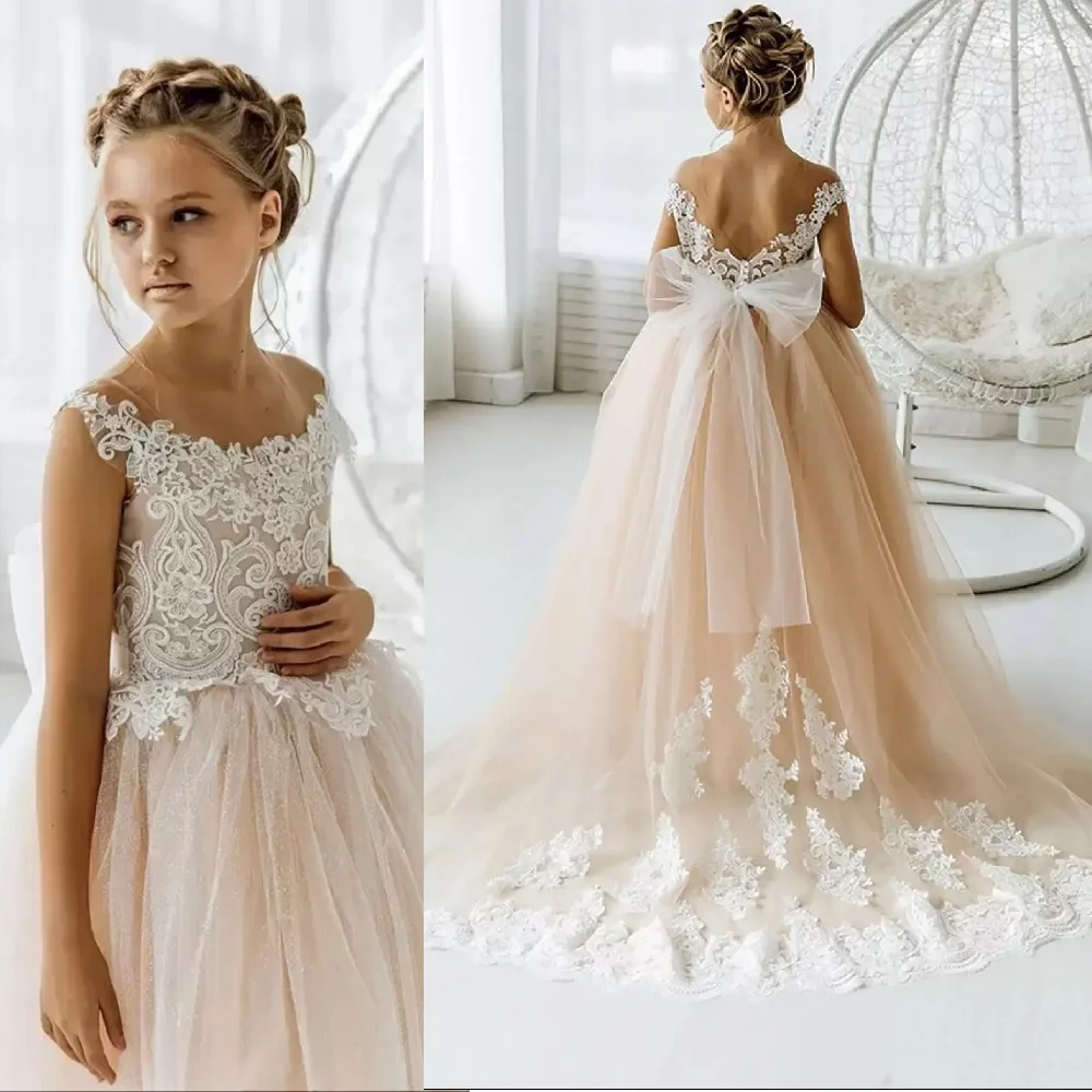 

2023-10Champagne Lace Flower Girl Dress Bows Children's First Communion Dress Princess Tulle Ball Gown Wedding Party Dress