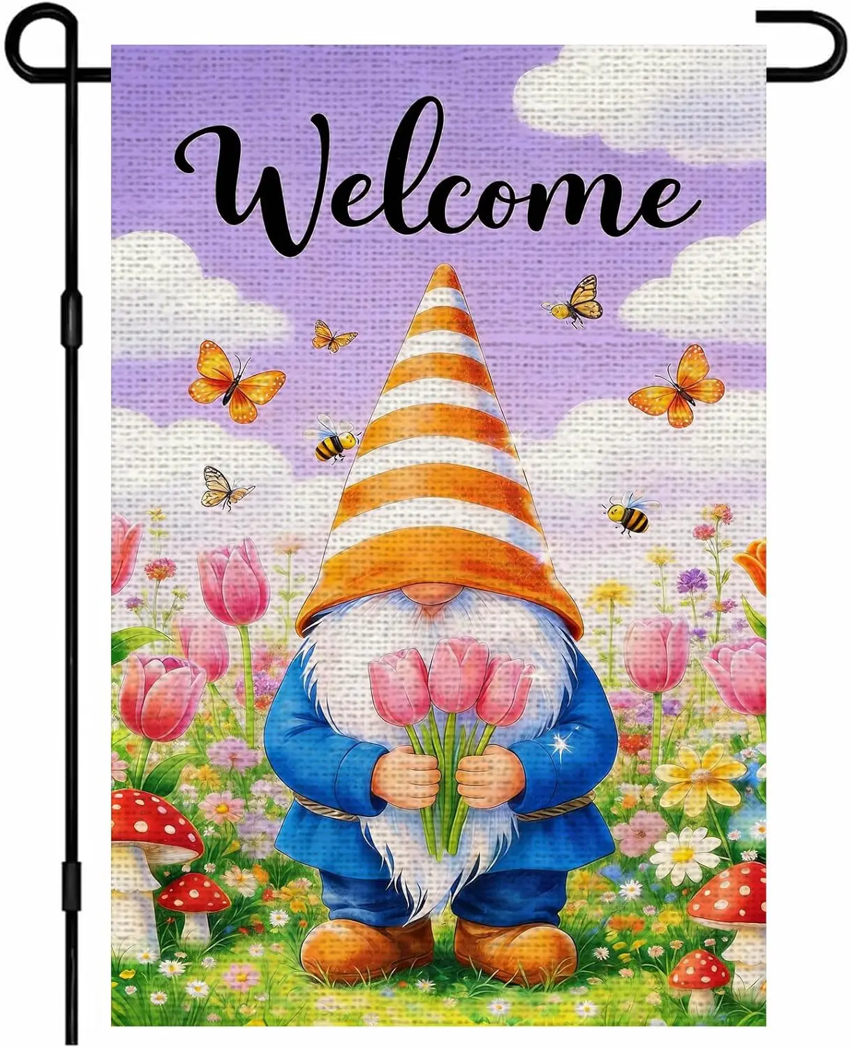 IVN Spring Summer Garden Flag 12x18 Inch Double Sided Burlap Welcome Garden Gnome with Tulips Design Small Outdoor Yard Flag GGO