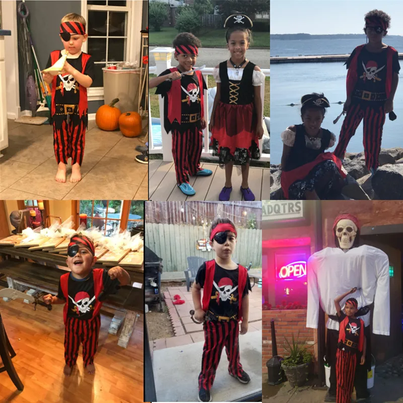 Ragazzi 5 pezzi Halloween Party Set di abbigliamento in stile pirata con accessori, inclusi camicia, pantaloni, benda sull'occhio, spada, mappa, portamonete,